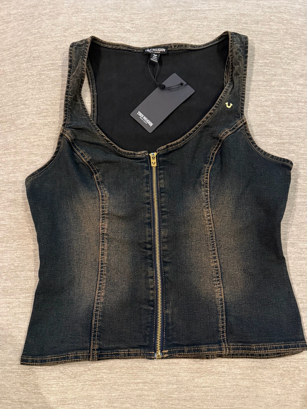 NWT True Religion Denim Bustier Top M Dark Wash Zip Front Corset Y2K
